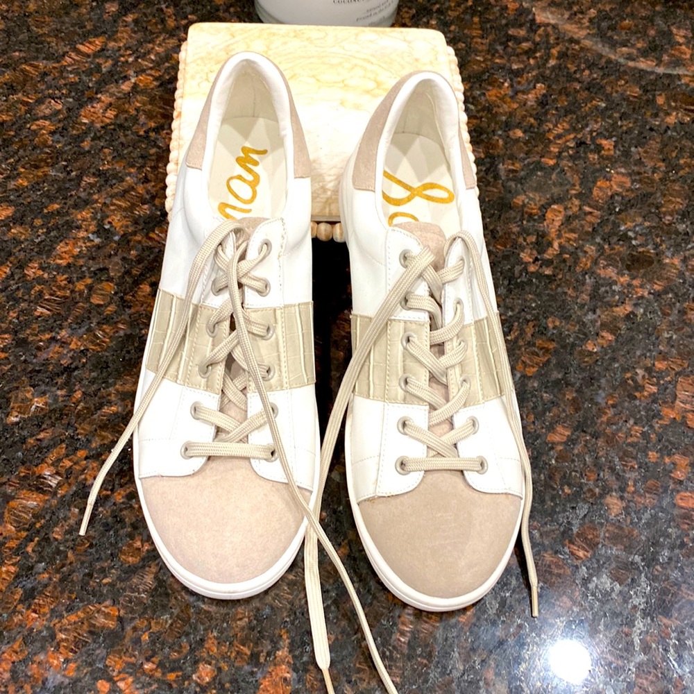 Sam Edelman White And‎ Grey Leather Marquette Lace up Sneakers